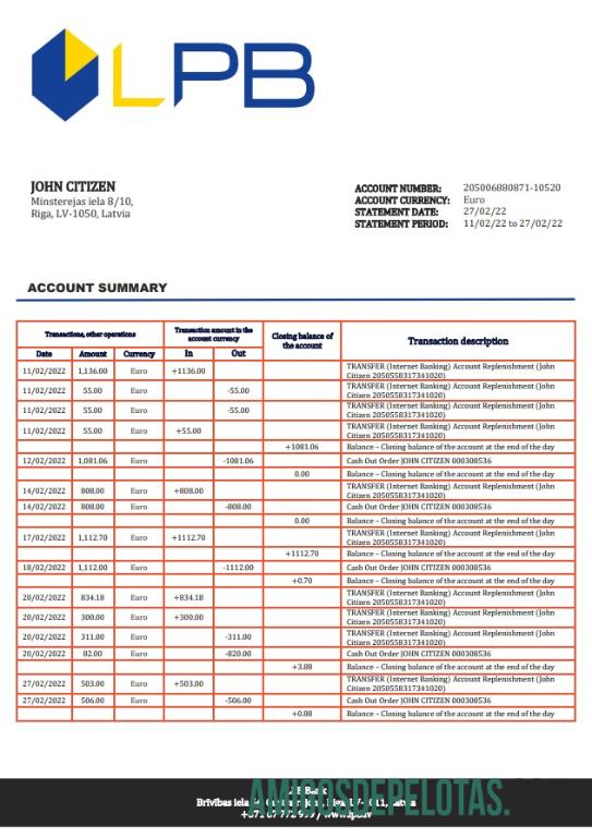 Exemplo de extrato bancário LPB da Letônia